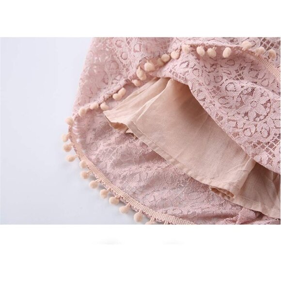 🆕Toddler Girls Pink Cotton Lace Floral Pompoms Elegant Retro Swing Party Dress - Picture 6 of 9